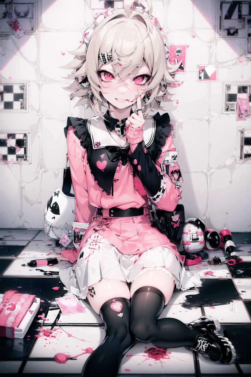 1girl, ahoge, argyle, argyle background, argyle legwear, black footwear, blood, blood on clothes, blood on face, blood splatter, board game, card, checkerboard cookie, checkered, checkered background, checkered flag, checkered floor, checkered kimono, checkered legwear, checkered neckwear, checkered scarf, checkered skirt, chess piece, diamond \(shape\), finger to mouth, flag, hair ornament, hairclip, king \(chess\), knight \(chess\), loafers, looking at viewer, on floor, ouma kokichi, perspective, phone, pill, pink blood, pink eyes, pink shirt, playing card, rook \(chess\), shoes, short hair, sitting, skirt, smile, soccer ball, solo, splatter, teeth, thighhighs, tile floor, tile wall, tiles, white skirt, x hair ornament