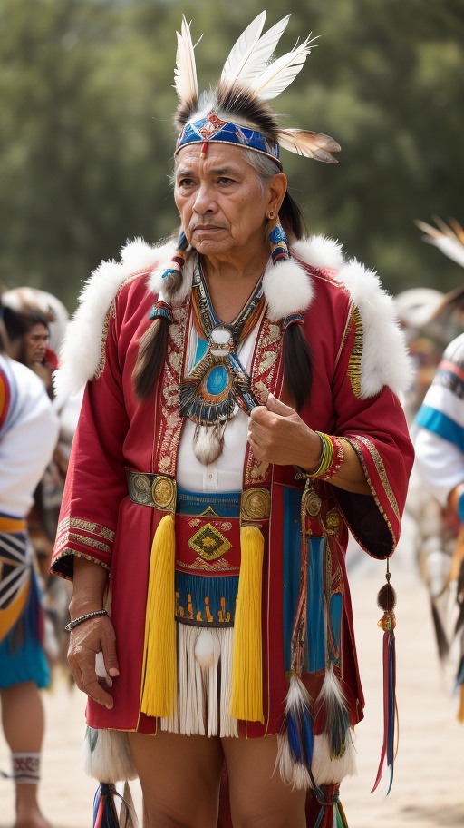 A Native American tribal elder,  adorned with traditional regalia and feathers,  standing amidst a powwow on Tensor.Art