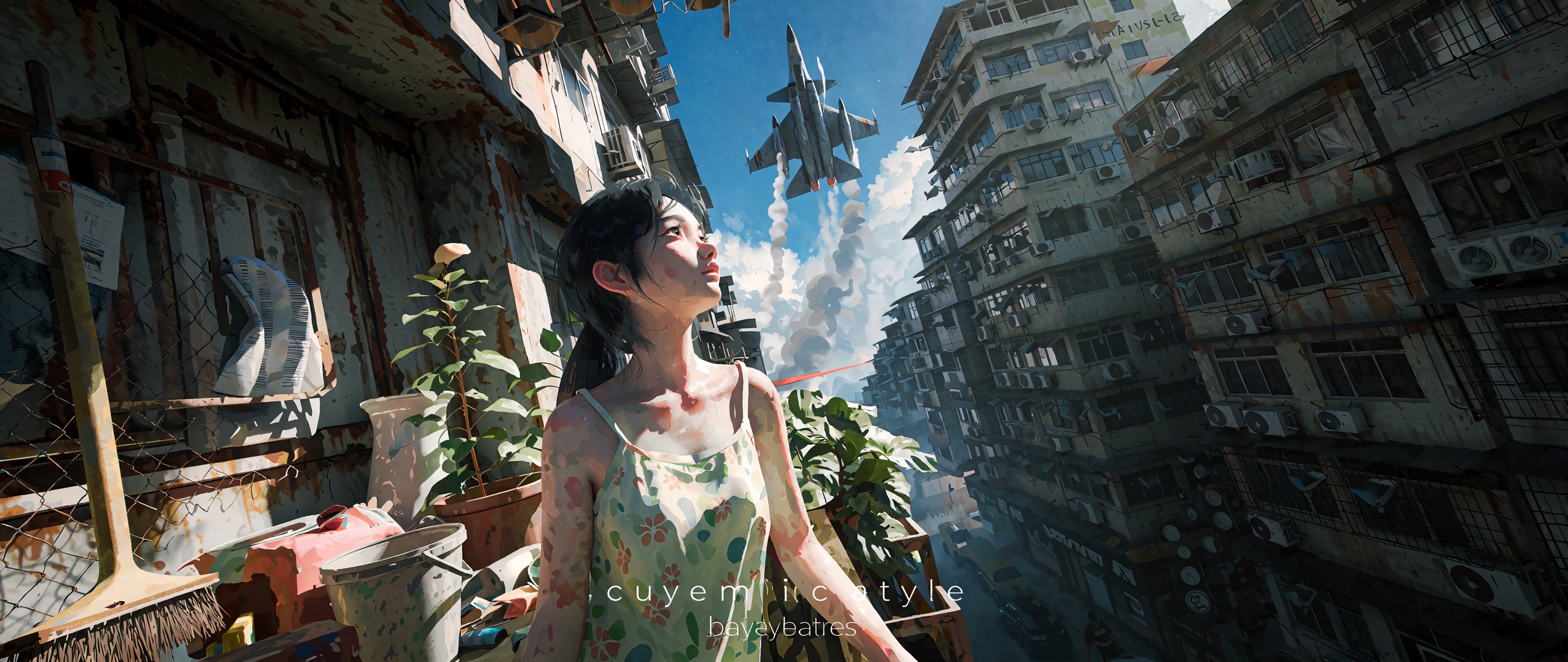 A cinematic,  ultra-wide low-angle shot captures a serene anime-style girl standing on a dilapidated,  cluttered balcony o...