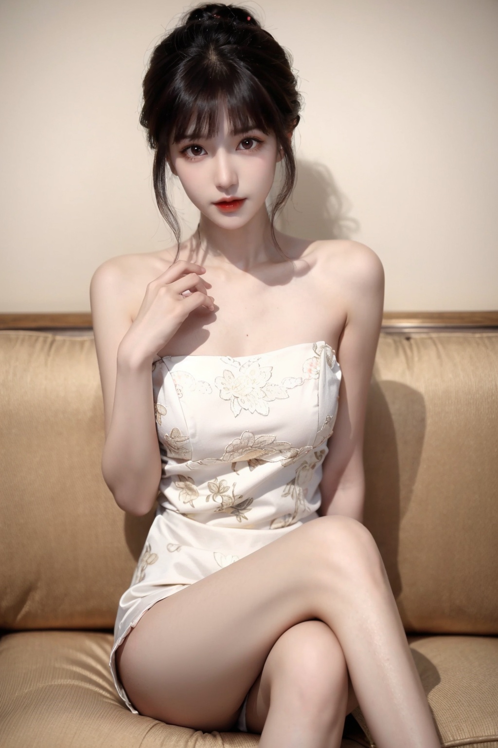 1girl, bangs, bare shoulders, black hair, breasts, brown eyes, collarbone, crossed legs, <lora:斗罗大陆小舞1:0.8>