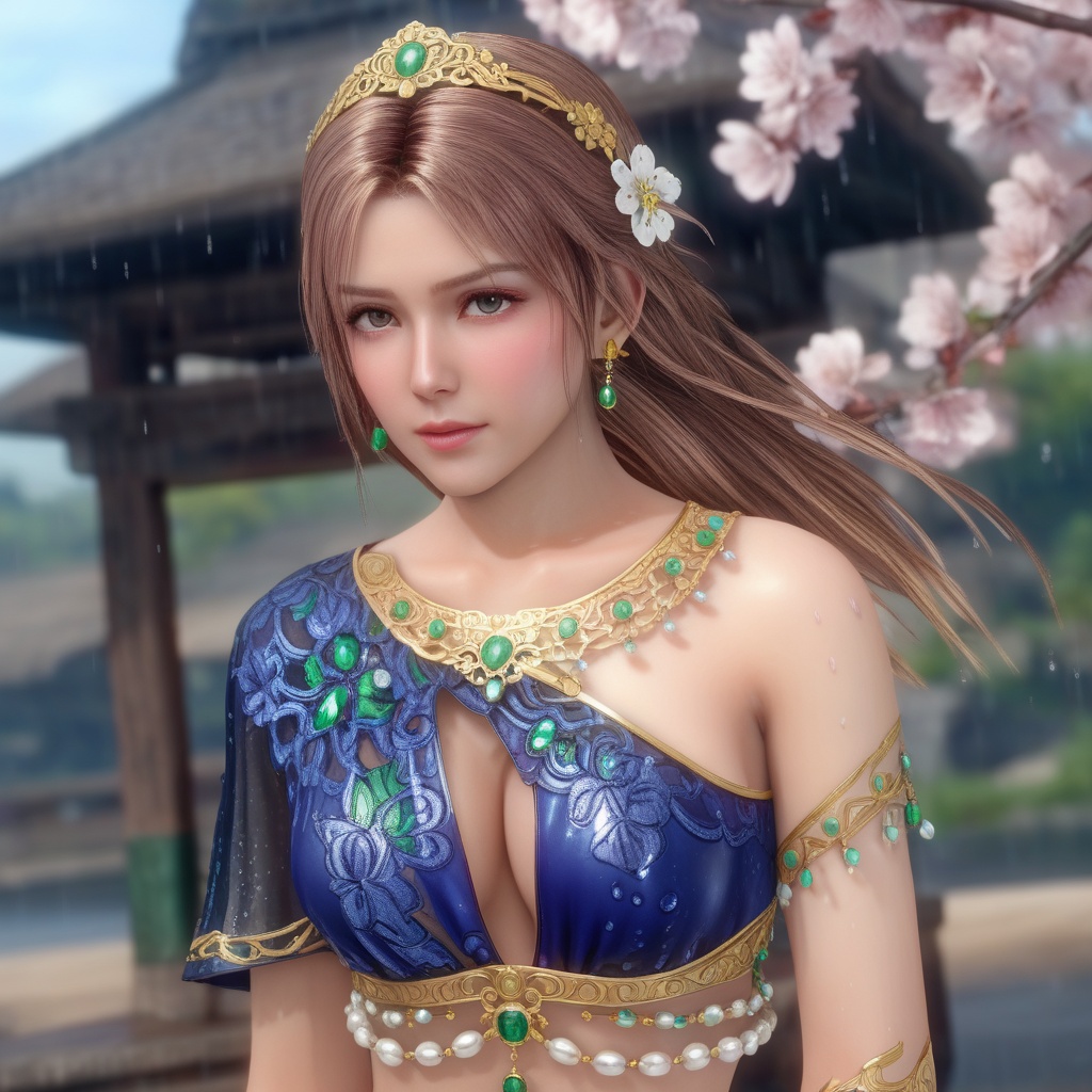 <lora:847-DA-XL-死或生-Elise-BirthdaySuit-20220903:0.8>, (,1girl, ,best quality, ),, ,ultra detailed 8k cg,            cinematic lighting, cinematic bloom, (( , )),,  , unreal, science fiction,  luxury, jewelry, diamond, pearl, gem, sapphire, ruby, emerald, intricate detail, delicate pattern, charming, alluring, seductive, erotic, enchanting, hair ornament, necklace, earrings, bracelet, armlet,halo,masterpiece, (( , )),, realistic,science fiction,mole, ,cherry blossoms,(((, , ultra high res, (photorealistic:1.4), raw photo, 1girl, wet clothes, rain, sweat, ,wet, )))(( , ))   (cleavage),,  (),