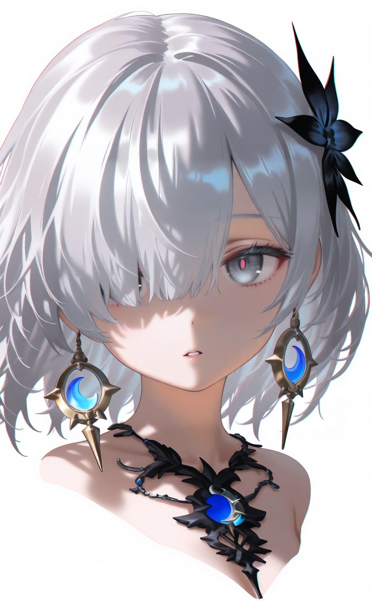 masterpiece,absurdres,best quality,high quality,chromatic_aberration,loli,petite,//,1girl,solo,hair over one eye,portrait,looking at viewer,white hair,white background,parted lips,crescent,simple background,short hair,jewelry,hair ornament,grey eyes,cropped shoulders,flower,brooch,//,//,<lora:nyalia——【CKXL测试】hans:1>,