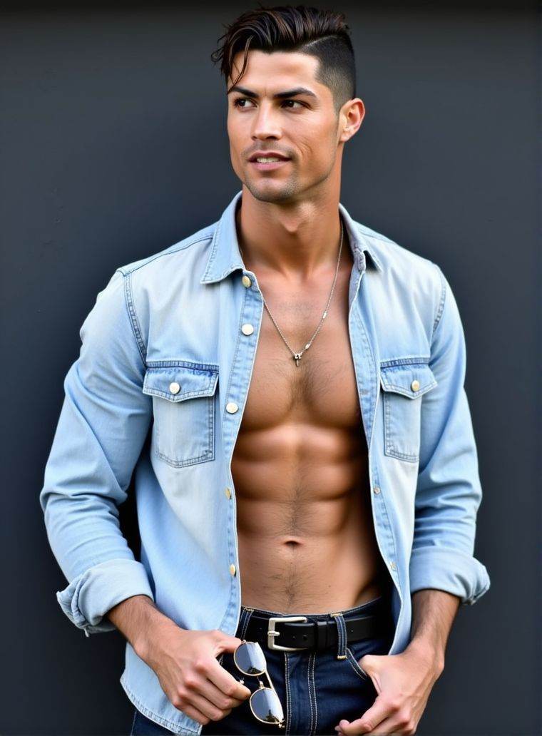Cristiano Ronaldo ,  stands confidently in front of a dark gray wall. He wears a light denim shirt,  unbuttoned at the top...