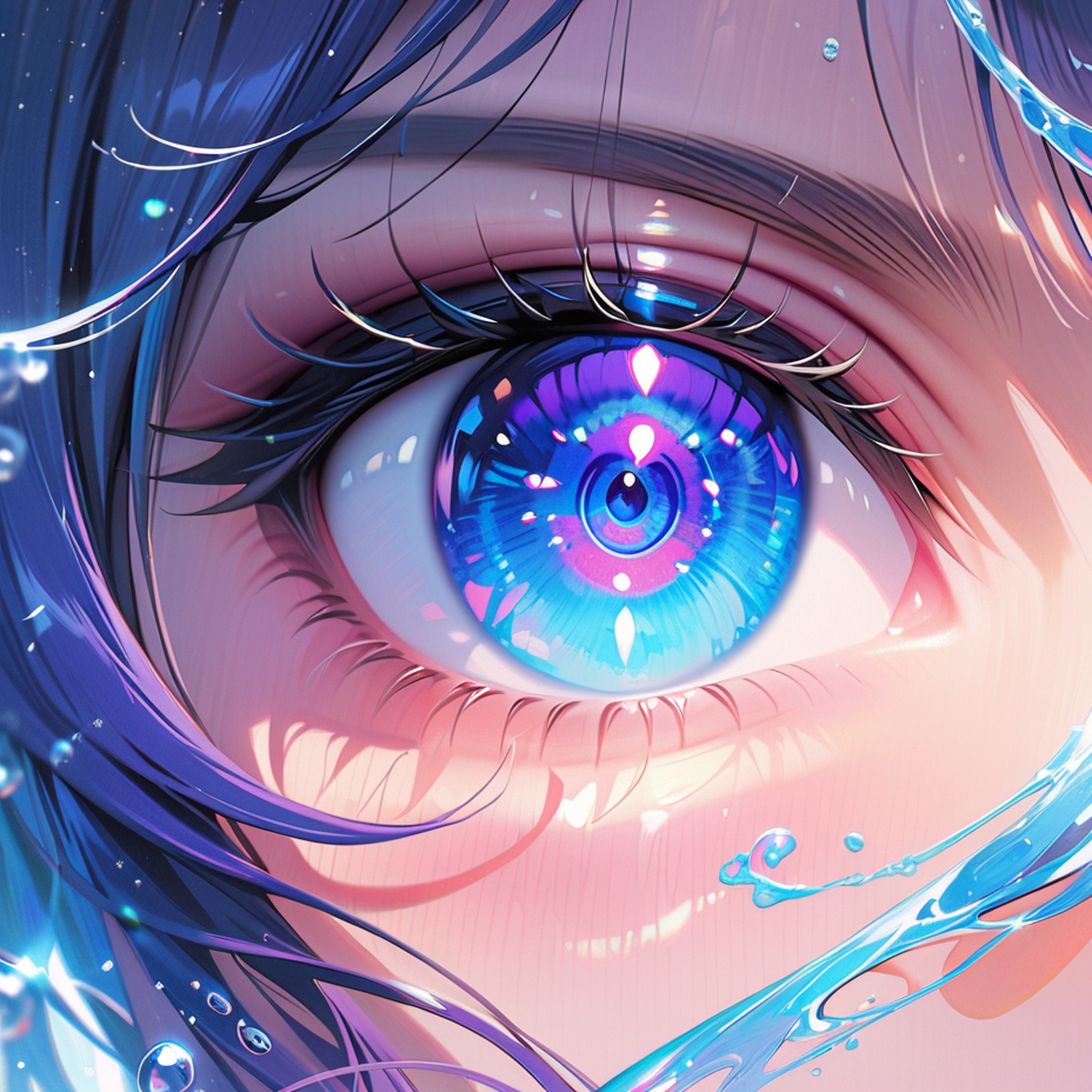 parameters: "O,(masterpiece:1,2),best quality,masterpiece,highres,original,extremely detailed wallpaper,perfect lighting,(extremely detailed CG:1.2),eyes,close-up,light_line,water,water drop,gorgeous,multiple_colors,sunlight,galaxy,realistic,1girl,upper body,