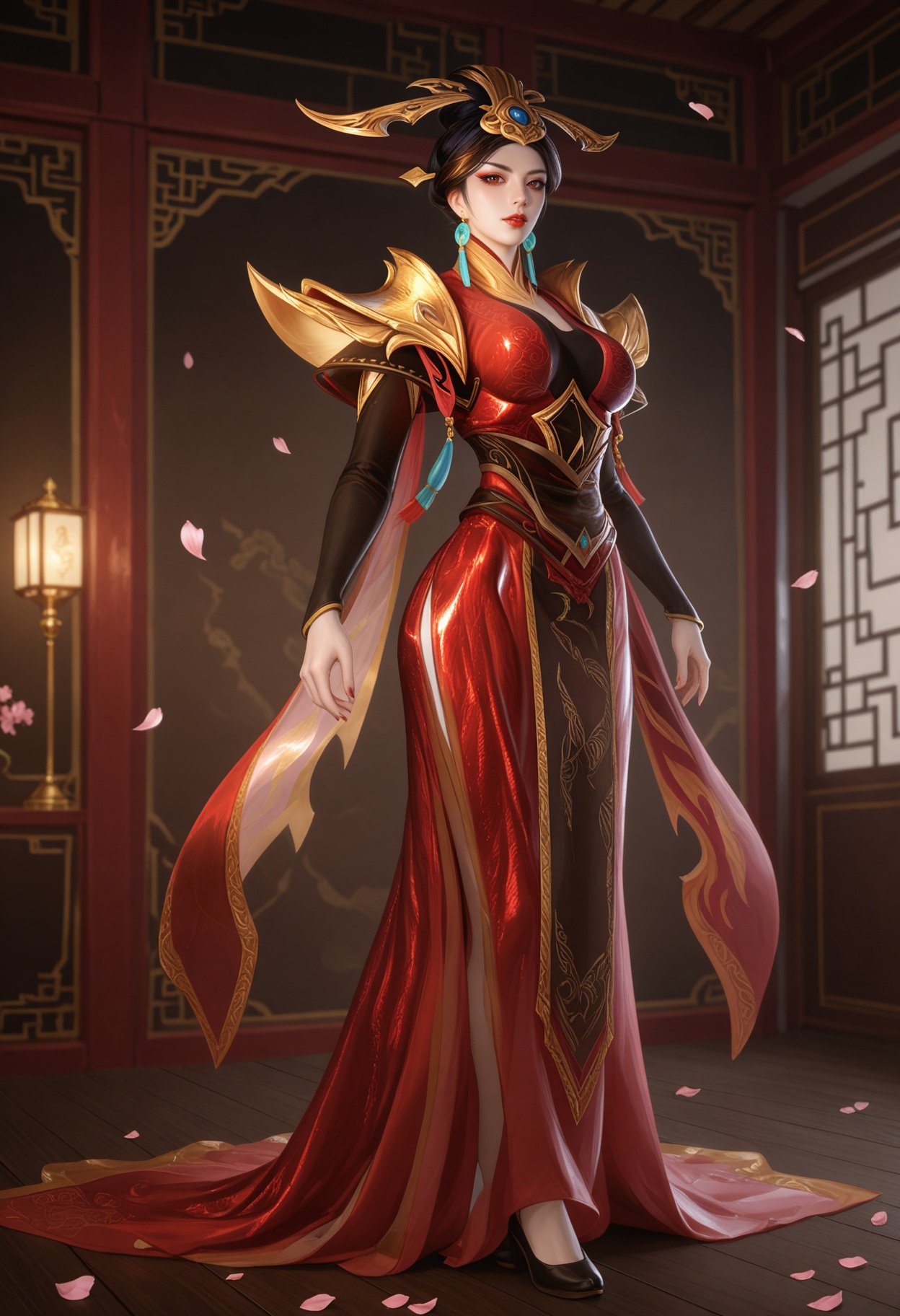 (standing full_body:1.1),looking at viewer:1.1,masterpiece,(best quality),smog,Dark room,dim lighting,peach blossom,falling petals,<lora:YQ_Illustrious光辉v5_芈月_V1:0.8:lbw=1,1,1,1,1,1,1,1,1,0.8,0.8,0.1>,q1528437228,1girl,earrings,jewelry,solo,hair ornament,dress,red dress,makeup,red lips,brown hair,black hair,armor,eyeshadow,chinese clothes,long sleeves,shoulder armor,brown eyes,red eyes,hair bun,single hair bun,tassel,