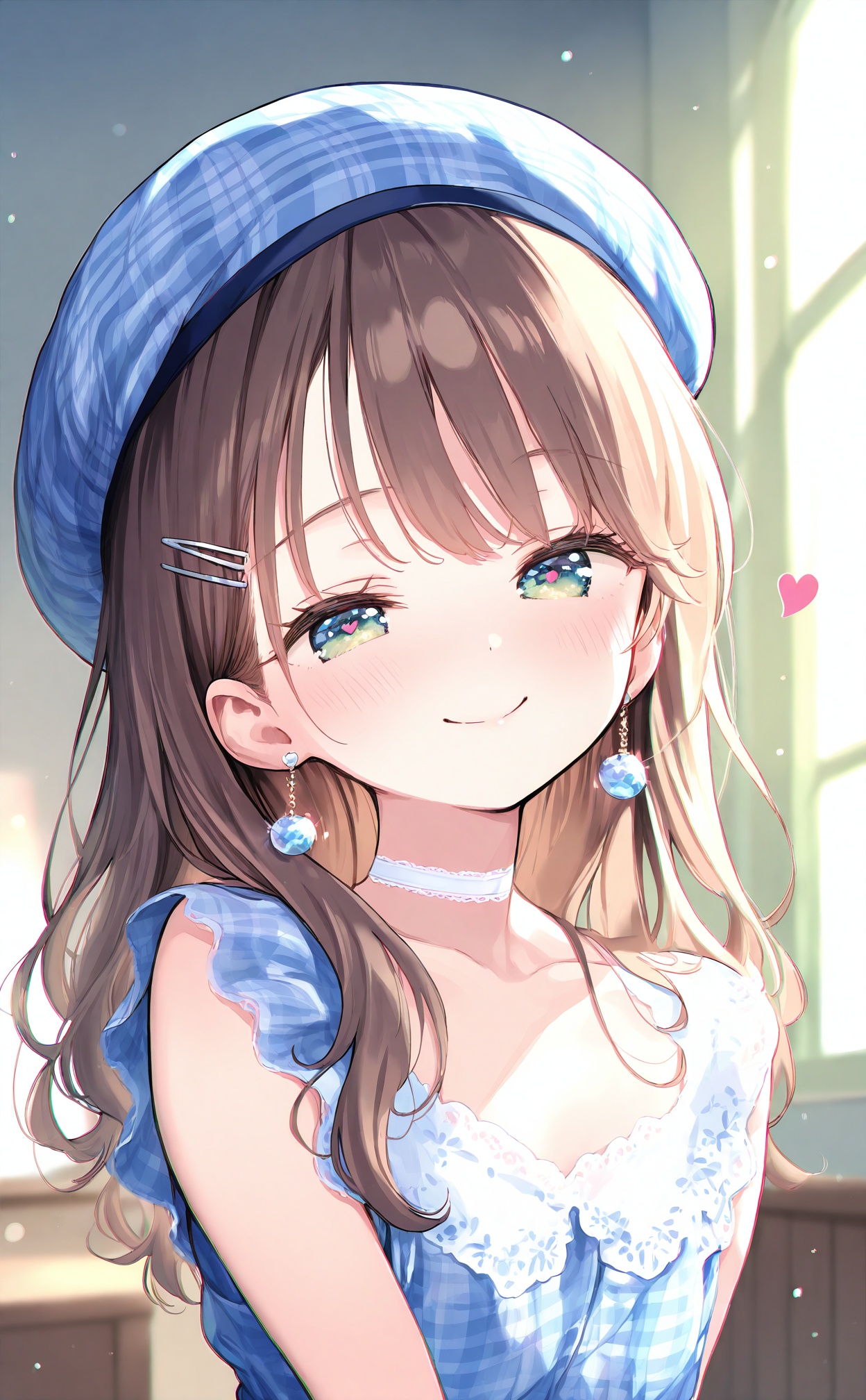 masterpiece,highres,absurdres,newest,best quality,loli,petite,high quality,chromatic_aberration,//,1girl, solo, green eyes, hat, smile, long hair, choker, hairclip, plaid headwear, hair ornament, looking at viewer, blue headwear, brown hair, plaid, upper body, plaid dress, jewelry, beret, blush, earrings, dress, bare shoulders, white choker, heart, collarbone, closed mouth, sleeveless, blurry, blue dress, breasts, light particles, sleeveless dress, indoors, sunlight, blurry background//,//,<lora:chun_paretto——【noob】hans:1>,