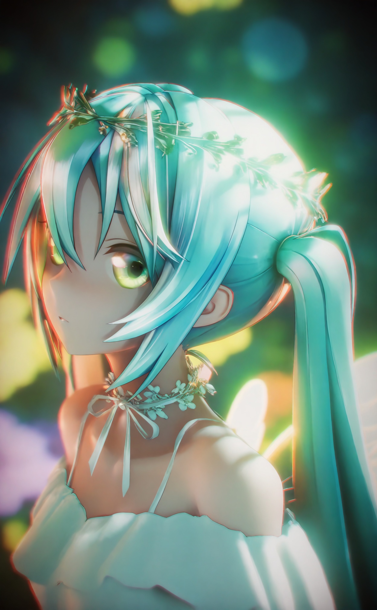 masterpiece,absurdres,best quality,loli,petite,high quality,chromatic_aberration,//,1girl,hatsune_miku,solo,twintails,blurry,bare_shoulders,long_hair,head_wreath,blurry_background,choker,wings,depth_of_field,aqua_hair,aqua_eyes,flower_wreath,frilled_choker,ribbon,portrait,looking_back,from_behind,green_eyes,backlighting,parted_lips,chromatic_aberration,ribbon_choker,angel_wings,looking_to_the_side,upper_body,neck_ribbon,close-up,hair_ornament,green_theme,looking_afar,flower,expressionless,white_choker,collarbone,bokeh,nape,sidelighting,eyelashes,eyes_visible_through_hair,light,glowing,white_ribbon,very_long_hair,aqua_theme,closed_mouth,white_wings,//,Depth of field,(colorful),hdr,Tyndall effect,depth of field,Tyndall Effect,blurry,blurry_background,depth_of_field,bokeh,glowing,//,<lora:MMDguangwuran2——【noob】hans:1.15>,