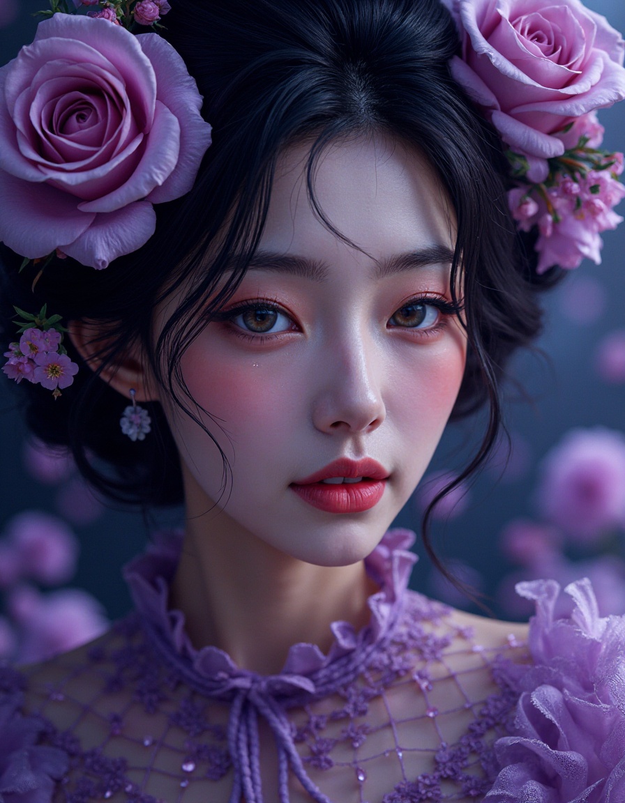 cinematic photo official art,ultra detailed,aesthetic,masterpiece,best quality,photorealistic,entangle,purple rose,tangle,entangle,1girl,chinese woman,Glowing eyes,tears,Golden eyeshadows,ecstasy of flower,dynamic angle