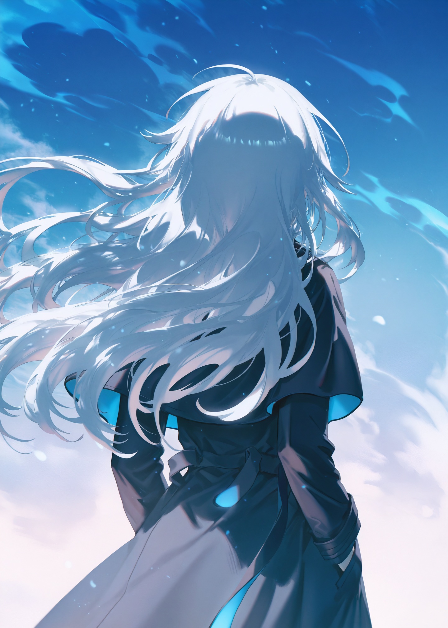 masterpiece,absurdres,best quality,petite,high quality,//,long_hair, solo, from_behind, 1girl, facing_away, black_capelet, hands_in_pockets, coat, long_sleeves, very_long_hair, black_coat, capelet, floating_hair, cowboy_shot, blue_hair, standing, wind, blue_theme, white_hair, grey_hair, ribbon, hand_in_pocket, upper_body, black_jacket//,<lora:konya_karasue2——【CKXL】hans:0.85>,