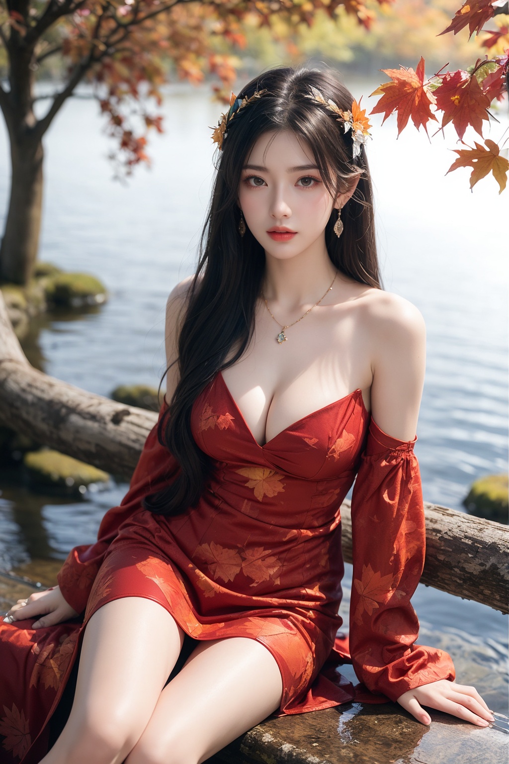 1girl,  autumn leaves,  bare shoulders by 可铯创意cosaer on Tensor.Art