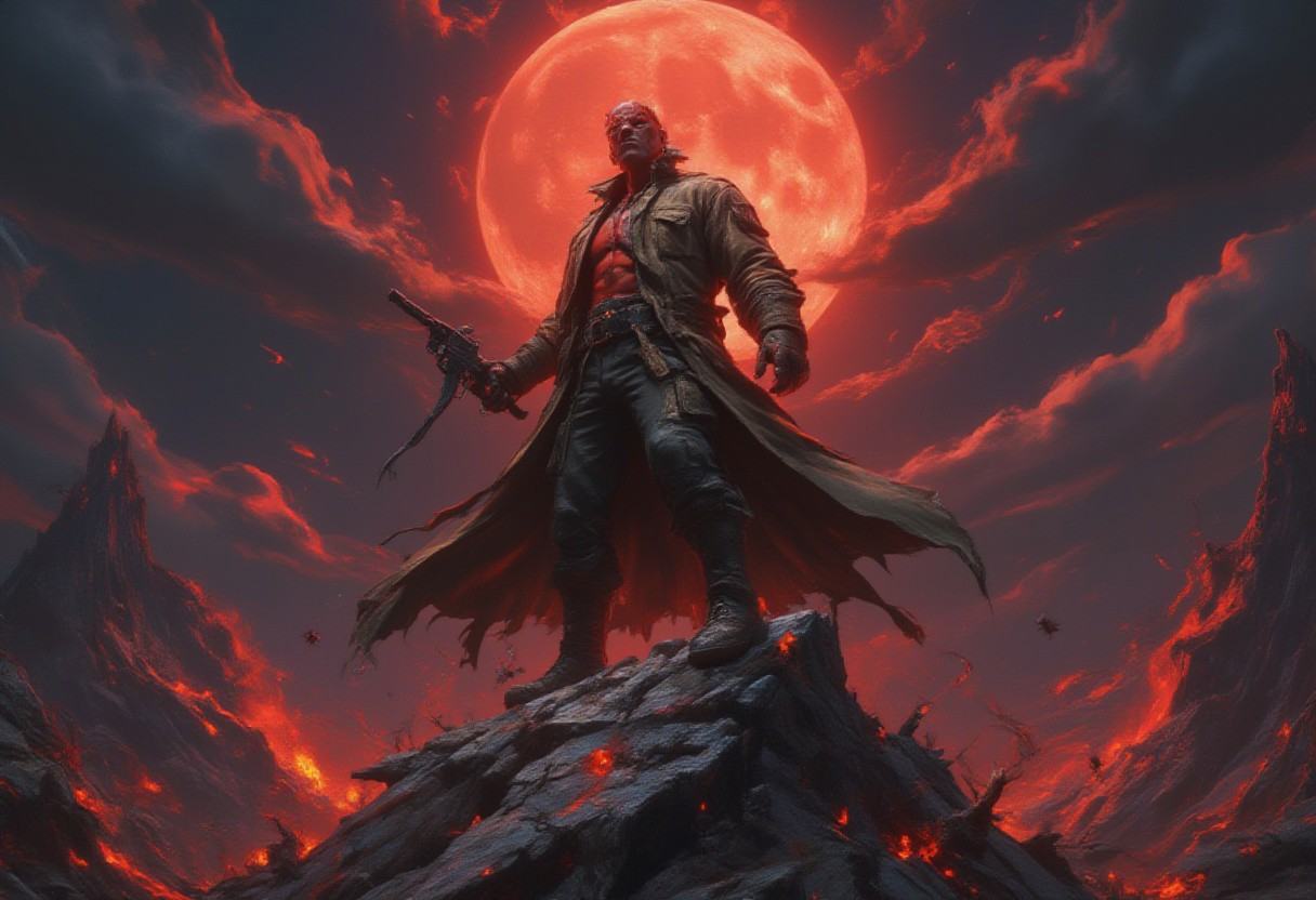 Art style: Fortnite,  3D. Action shot,  Dynamic pose.Character: Hellboy in a dynamic 3/4 view on Tensor.Art