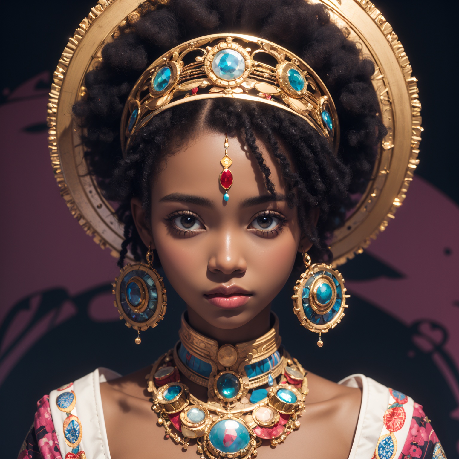 high quality,masterpiece,1girl,African queen,afro,psychedelic,