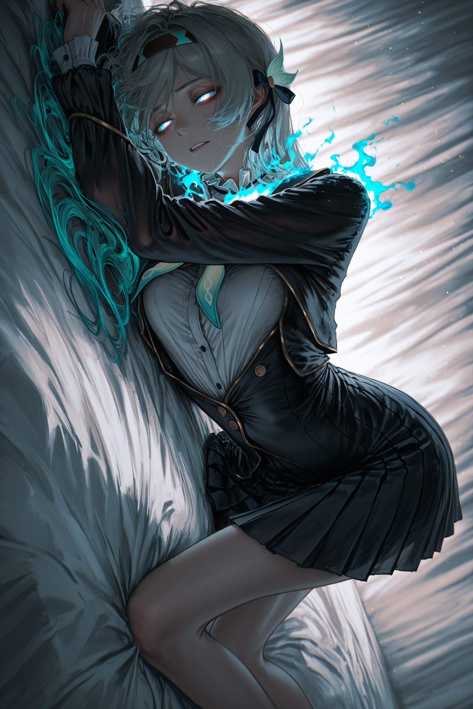 (qiandaiyiyu:0.85),(soleil \(soleilmtfbwy03\):0.6),(godiva ghoul:0.65),(anniechromes:0.5),buttons,lying on bed,nightime,half xlosed eyes,BREAK(rella:1.2),(redum4:1.2) (au \(d elete\):1.2) (dino \(dinoartforame\):1.1),wlop,epic,masterpiece,best quality,amazing quality,very aesthetic,absurdres,newest,highres,1girl, firefly \(honkai: star rail\),,big_hair,Burning hair,fluttering hair,intense light and shadow effects,dazzling firelight,hair combined with flames,sideways,resolute eyes,glowing eyes,eyes bursting with flames,blue flames,kittysuit,