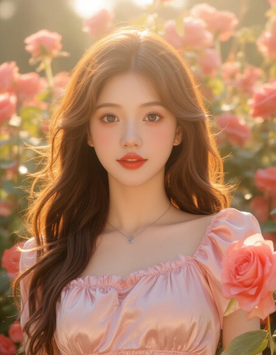 <lora:发丝发光:1>，Crystal beautiful illustration,In the center of that colorful rose garden, a beauty stands quietly, her upper body bathed in warm sunlight, like a exquisite painting.  The golden sunlight filters through the gaps between the rose petals, scattering gently on her skin, adorning her delicate face with a soft luster, making her appearance even more charming.Her bright eyes shine like stars, reflecting boundless love for the surrounding scenery, with crystal bubbles reflected in her pupils, those bubbles emitting colorful glows under the sunlight, complementing the magnificent roses behind her, forming a dreamlike scene.The long hair of the beauty is gently blown by the breeze, with several strands falling on her shoulders, enhancing her exquisite features.  A faint smile curls at the corners of her mouth, filled with happiness and contentment, as if at this moment, she has already possessed all the beauty in the world.Around her, the vivid colors of the roses and the crystal-clear transparency of the bubbles intertwine, adding endless vitality to this scene.  And the beauty stands amidst this brilliance, basking in the sunlight, her upper body seemingly enveloped by a halo, becoming the most dazzling existence in the entire rose garden.