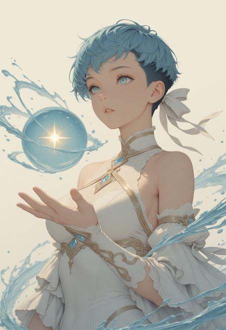 masterpiece, detailed_eyes, high_quality, best_quality, highres, absurdres, 8k, subject_focus, depth_of_field, flat color1girl, solo, girl,white sleeveless,detached sleeve,flare sleeve,water magic,(ultra detailed perfect piece:1.2), illustration, masterpiece, (extremely detailed CG 8k), (very fine 8K CG),(blue hair), (pixie cut),blue eyes,redhair ribbon,sparkling, solo, close-up, fantastic world, 