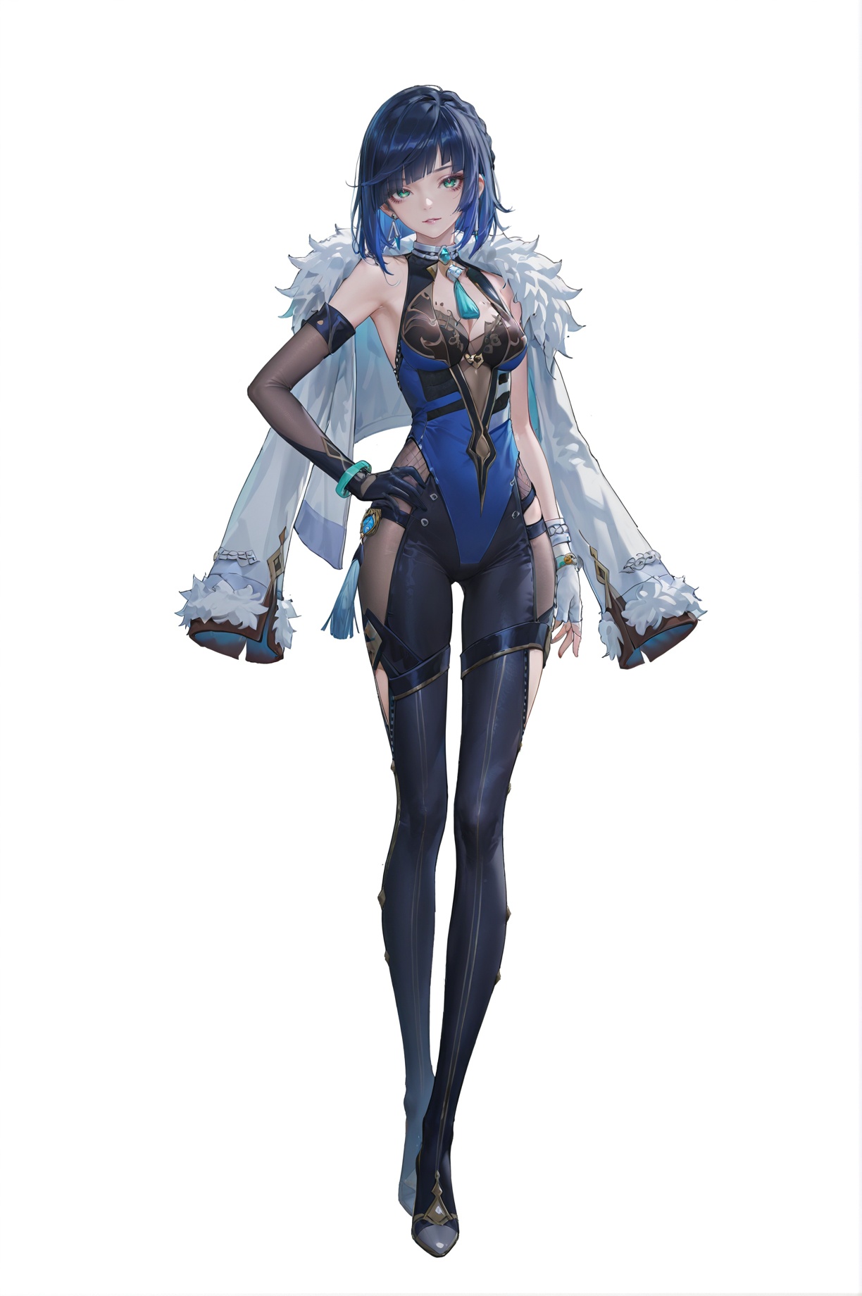 8k,best quality,masterpiece,(ultra-detailed),(high detailed skin),(artist:reoen:0.826446),(artist:machi:0.9),(artist:ningen_mame:0.9),(artist:sho_(sho_lwlw):0.9),(artist:rhasta:0.9),(artist:wlop:0.7),(artist:ke-ta:0.6),(fkey:0.5),(tianliang duohe fangdongye:0.5),(hiten \(hitenkei\):0.6),best quality,amazing quality,(artist:onineko:0.826446),very aesthetic,bokeh,masterpiece,best quality,<lora:wqmt-gnoob-Tanger:0.6>,Path to Nowhere  \(video game\),game CG,cool,full body,full shot,standing,looking at viewer,(solo:1.2),simple background,(white background:1.2),hand on own hip,(white background:1.1),<lora:yela_new-ill-Tanger:0.8>,yelan \(genshin impact\),clothes: yelan def blue-and-black bodysuit,asymmetrical skirt panel,tassel decoration,yelandef fur-trimmed capelet,mismatched gloves,1girl,bangs,jewelry,bracelet,elbow gloves,short hair,blue hair,fur trim,green eyes,