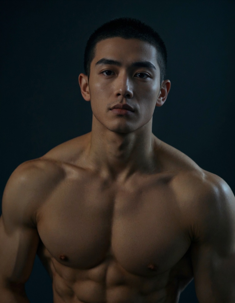 a muscular man with short buzz cut,large shoulder,soft lighting,high resolution,professional grade,RAW photography,evocative composition,Cinematic Lighting,moody lighting,perfect eyes,depth of field,virtual background,eyes focus,<lora:majichandsome2:0.8>,
