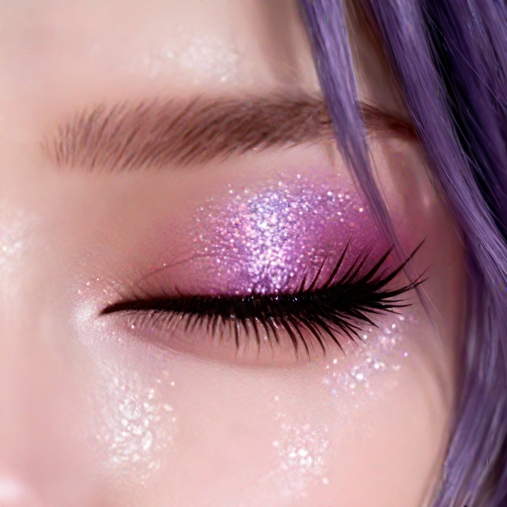 masterpiece,best quality,amazing quality,very aesthetic,high resolution,ultra-detailed,absurdres,realistic,<lora:眼妆-000015:0.8>,makeup,close-up,solo,1girl,eye focus,eyelashes,closed eyes,purple hair,blurry,realistic,makeup,reflection,