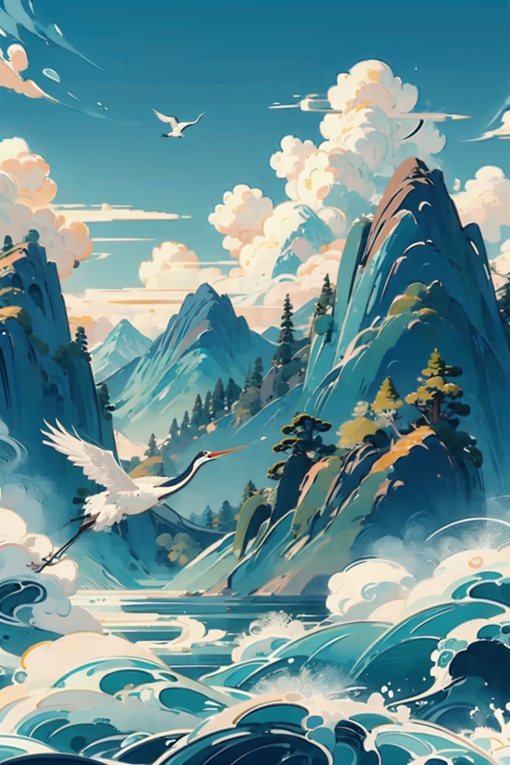 ((masterpiece)), best quality, perfect anatomy,8K wallpaper,mChinaChic, no humans, mountain, cloud, outdoors, waves, sky, flying, water pattern, day, aqua background, crane \(animal\)<lora:mChinaChic_v1:0.7>