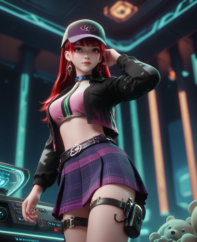 (oriental architecture, elegant decor, sophisticated style:1.1),(one hand on her hip, one hand behind her head:1.1),(breasts:1.2),<lora:XL16克金玩家诸葛云落:0.95>,adolescent girl,camouflage cropped jacket,pink corset,brown eyes,red hair,long hair,atropurpureus baseball cap,hoop earrings,atropurpureus plaid miniskirt,choker,belt,thigh strap,white loose socks,stuffed bear brooch,vibrator in thigh strap,, score_9,score_8_up,score_7_up,score_6_up,score_5_up,score_4_up,3d rendering,tag1,tag2, Cinematic Lighting,backlighting,, zPDXL3, zPDXL2,zPDXL, zPDXLxxx, zPDXLrl,