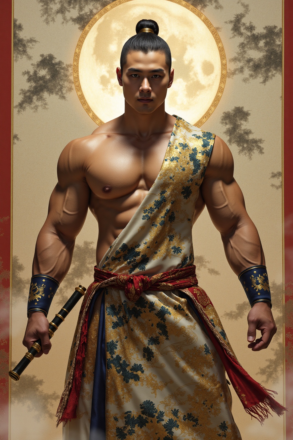 asain man,A muscular martial artist swathed in brocade with cloud-**** patterns,his sleeves fluttering **** splashed ink landscapes. A jade-inlaid bamboo flute hangs from his waist,and behind him unfolds a hundred-meter-long scroll of splashed-color mountain and river paintings. The interweaving of cold moonlight and the shimmering golden strokes within the scroll unfolds a chivalrous legend spanning the martial world...jzns,wak,double-exposure,