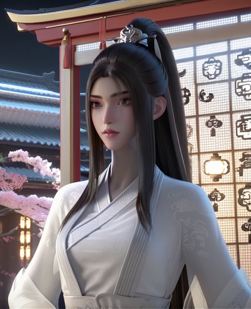 (oriental architecture, elegant decor, sophisticated style:1.1),((breasts):1.1),(breasts:1.2),<lora:XL16永生方清雪:0.95>,miss fangqingxue,see-through overdress with embroidery,white chinese clothes,black hair,half-up ponytail with long cascading hai,very long hair,wide flowing sleeves,white hagoromo,, score_9,score_8_up,score_7_up,score_6_up,score_5_up,score_4_up,3d rendering,tag1,tag2, Cinematic Lighting,backlighting,