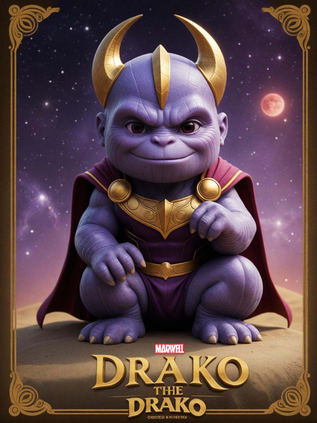 (movie poster with title and text graphics:1.3) (under the title banner text logo "D\R\A\K\O":1.5),, render style, Thanos (by Nicoletta Ceccoli:1.2), dreamworks animation, natural lighting, adorable disney and pixar design, flat colors, 4k, modern disney dreamworks style, professional, award-winning