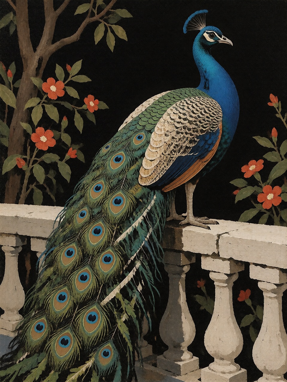 A magnificent peacock standing on a stone balustrade,  its enormous tail displaying luminous turquoise,  emerald and cobal...