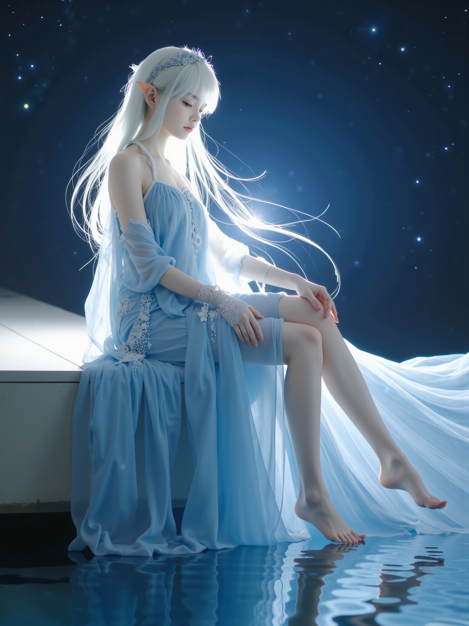 The image is a highly detailed digital artwork featuring a young woman with a slender physique and delicate features. She is depicted in a surreal,ethereal setting,with a deep,starry night sky as the backdrop. Her long,flowing white hair cascades down her back,almost resembling a comet's tail,and she has pointed,elf-like ears,suggesting a fantasy or anime aesthetic. Her skin is pale and smooth,enhancing the otherworldly quality of the scene. She wears an elegant,off-the-shoulder,flowing dress in a soft,light blue fabric that drapes gracefully around her body,creating a sense of ethereal beauty. The dress is adorned with delicate,sheer panels that billow and reflect the light,adding a sense of movement and depth to the image. She is seated on a ledge or platform,with one leg bent and the other extended,her toes just touching the surface of a reflective pool below. The scene is bathed in a soft,ethereal light,with the moon or a star casting a glow that highlights her delicate features and the intricate details of her dress. The overall mood is serene and dreamlike,with a hint of mystery and otherworldliness.,<lora:YY-浅浅F.1:1>,