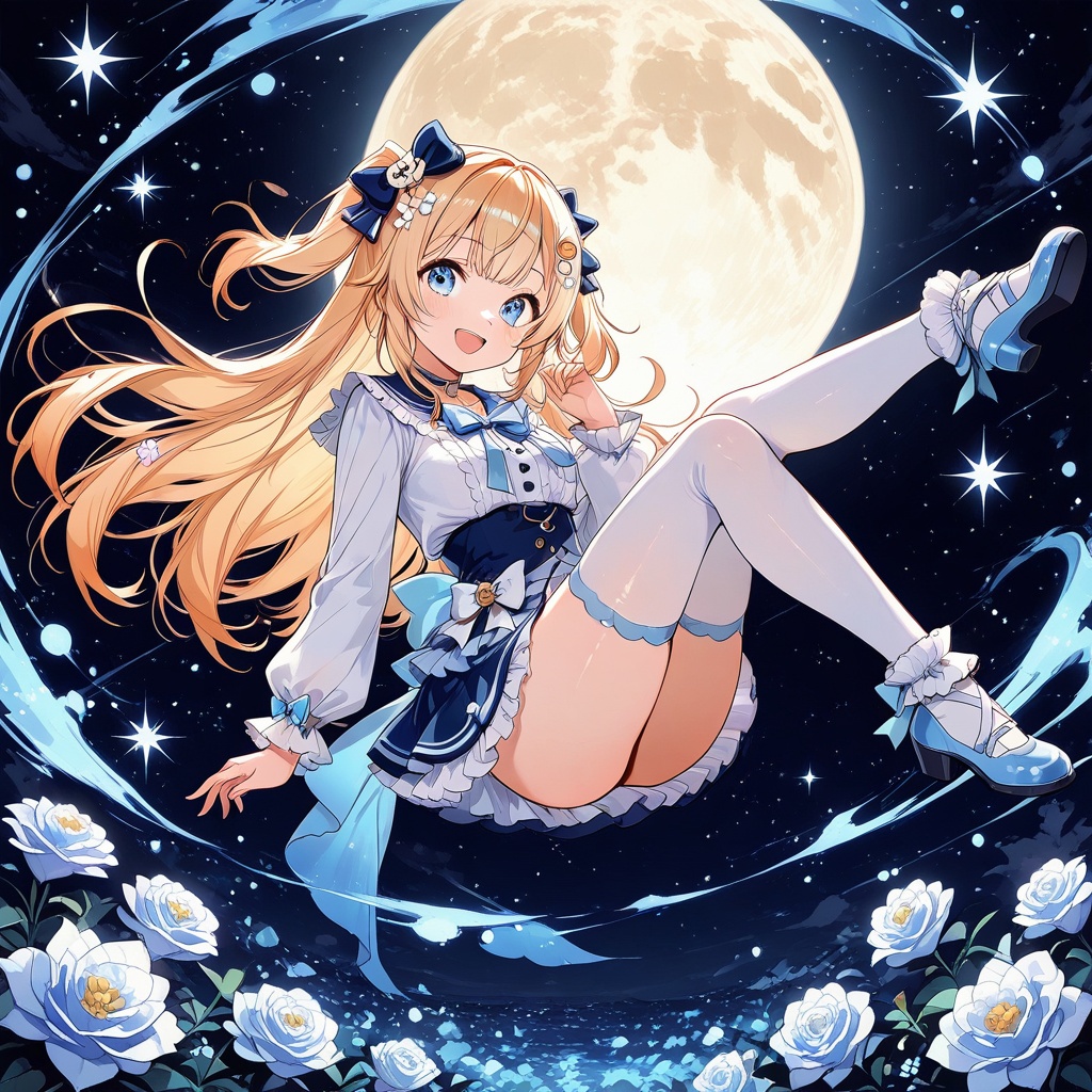 Melting,1girl,blue eyes,moon,thighhighs,looking at viewer,solo,long hair,smile,night,blonde hair,open mouth,white flower,white rose,flower,virtual youtuber,hair ornament,choker,skirt,sky,white thighhighs,full moon,night sky,star (sky),full body,long sleeves,hair bow,bow,:d,(UHD),anatomically correct,accurate,textured skin,super detail,high details,award winning,best quality,high quality,retina,16k,HD,1080P,8k,