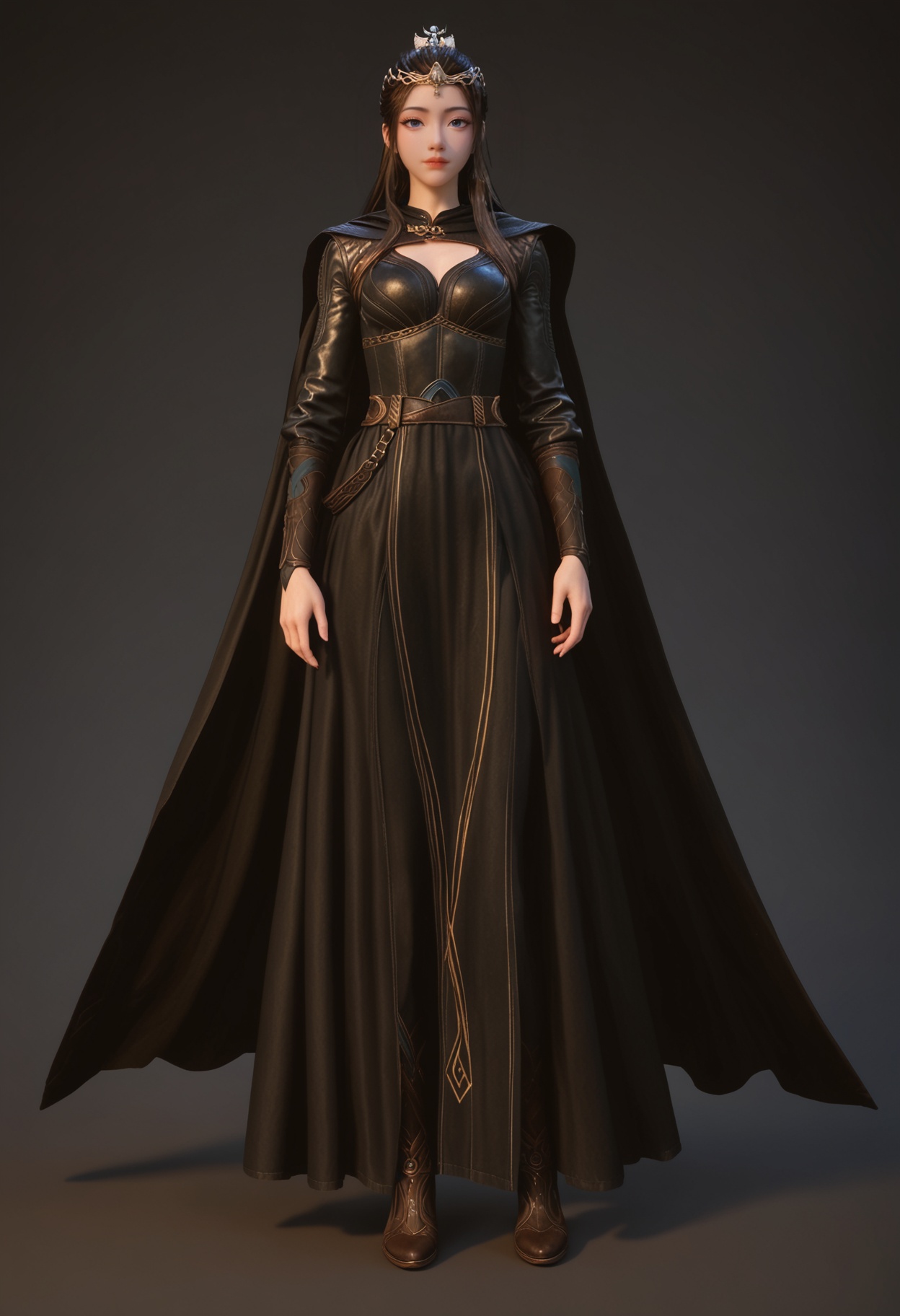 (standing full_body:1.1),score_9,score_8_up,masterpiece,(best quality),intricate details,facing viewer,(looking at viewer:1.1),<lora:YQ_pony_yuanyao_heiyi_V4:0.8>,q1528437228,1girl,solo,long hair,blue eyes,brown hair,black hair,ponytail,hair ornament,dress,cape,long sleeves,tiara,black dress,circlet,belt,black cape,brown eyes,hair bun,boots,BREAK(score_9:1.2),(score_8_up:1.2),masterpiece,best quality,very aesthetic,perfect anatomy,(hourglass),perfect face,(simple background,pure black background,black background:1.1),fair_skin,(shiny_skin:1.1),Ivory_skin,