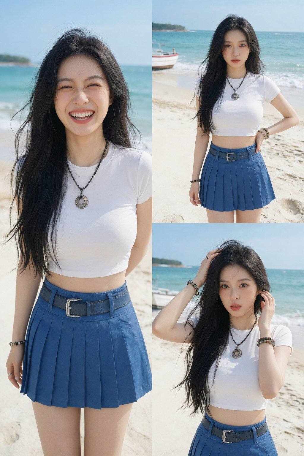 这张照片拼贴画的主角是一位留着黑色长发的亚洲女性，站在海滩。她穿着一件白色短上衣，以及一条带有黑色腰带的高腰蓝色百褶裙。她有一条带有圆形吊坠的黑色项链，左手腕上戴着多个手镯。她的妆容很自然，肤色也很白皙。拼贴画包括三幅图像：左图显示她微笑着；右上图显示她表情中性，双臂放在大腿旁；右下图显示她用手摸着头发。海滩上白色沙子，海浪，船，背景是蓝天。, 三格图, 左一格图右上下两格图, 三格图是相同的服装, 三格图是同一个女性 <lora:20260113_TinZ-ImageMultiGridLora9:1>