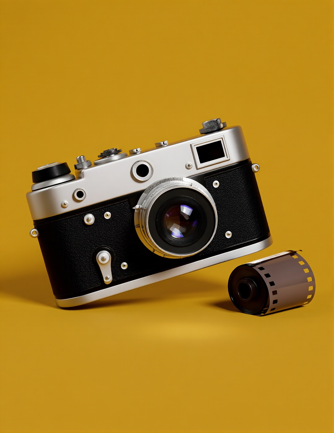 A vintage-style film camera with black leather texture and silver metal accents rests on a mustard yellow background. A ro...