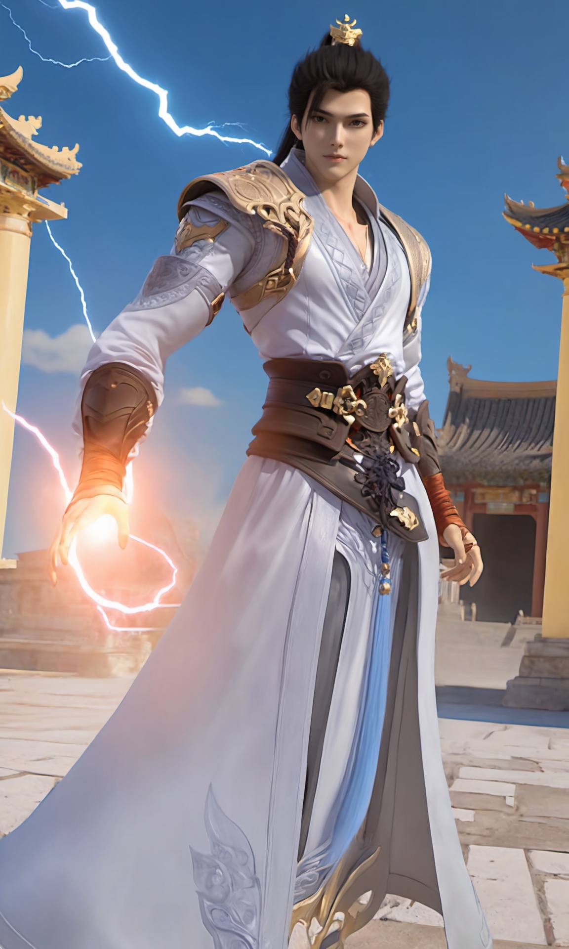 professional 3d model slender face,Shihao,front view of a man with a black high ponytail hair wearing white Traditional-Clothing,full body,golden special effects,<lora:Perfect Shihao-000019:0.9>, . octane render, highly detailed, volumetric, dramatic lighting