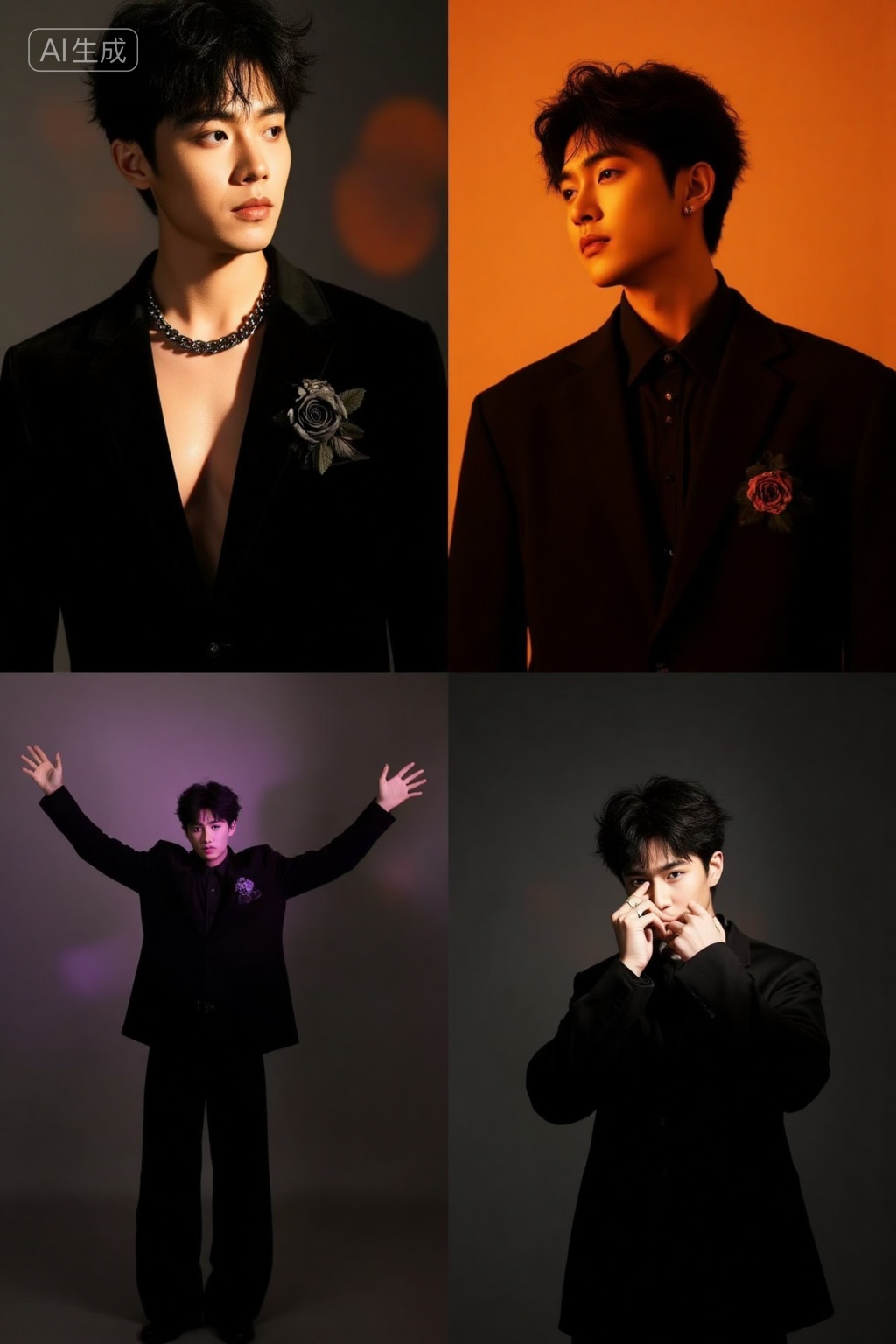 This image is a digitally composed photograph divided into four quadrants, each showcasing a different portrait of a young Asian man with short, tousled black hair and light skin. In the top-left quadrant, he is wearing a black velvet suit with a deep V-neck, exposing his chest, and a chunky black chain necklace. A black rose pin is on the left side of his suits lapel. He gazes slightly to the left with a neutral expression, set against a background with a gradient of dark gray and orange light., , In the top-right quadrant, he is dressed in a black suit with a high collar, looking directly at the camera with a slightly tilted head and a confident expression. The background is a solid orange color, casting a warm light on his face., , The bottom-left quadrant features him in a similar black suit, standing with his arms raised and hands forming an X shape. His expression is intense, and the background is a gradient of dark gray and purple light., , In the bottom-right quadrant, he is adjusting his black suit collar with a focused expression. The background is a solid dark gray, and he is illuminated by soft lighting. The overall style is modern and sophisticated, with a focus on black and contrasting colors., Negative prompt: ng_deepnegative_v1_75t,(badhandv4:1.2),EasyNegative,(worst quality:2),,nsfw, Steps: 30, Sampler: Euler, CFG scale: 3.5, Seed: 4182950854, Size: 1024x1536, Model hash: 8cba4f1ef4, Model: F.1基础算法模型-哩布在线可运行_F.1-dev-fp8.safetensors, Denoising strength: 0, RNG: CPU, Lora 1: F.1 - 极致逼真亚洲男性光影写真人像, Lora Hash 1: 71fdff0497, Lora Weight 1: 0.8, vae_name: automatic