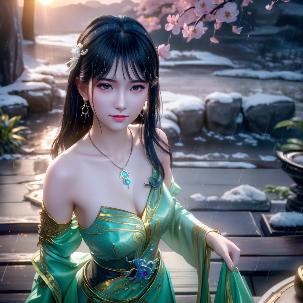 <lora:739-DA-斗破苍穹-慕青鸾:0.8>, (,1girl, ,best quality, ),looking at viewer,  ,,ultra detailed 8k cg, ultra detailed background ,ultra realistic 8k cg,          cinematic lighting, cinematic bloom, (( , )),,  , unreal, science fiction,  luxury, jewelry, diamond, pearl, gem, sapphire, ruby, emerald, intricate detail, delicate pattern, charming, alluring, seductive, erotic, enchanting, hair ornament, necklace, earrings, bracelet, armlet,halo,masterpiece, (( , )),, realistic,science fiction,mole,   ,cherry blossoms,,(((Best quality, masterpiece, ultra high res, (photorealistic:1.4), raw photo, 1girl, ,rain, , sunlight, sunset, qianqiu wanxia,     )))  (cleavage), (),