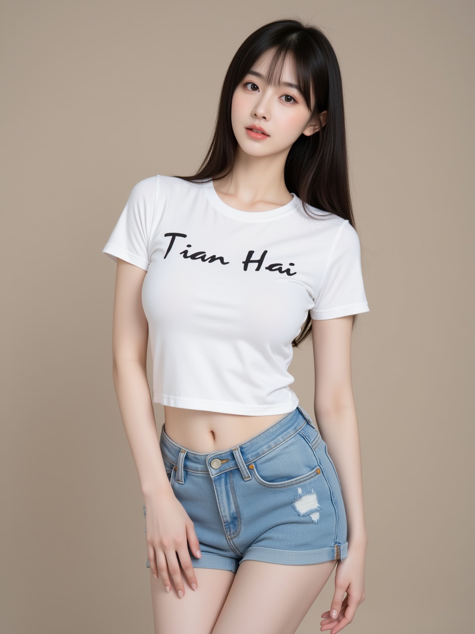 <lora:ca193f:1>,White t-shirt with ”TianHai“ written on it, jeans shorts,1girl