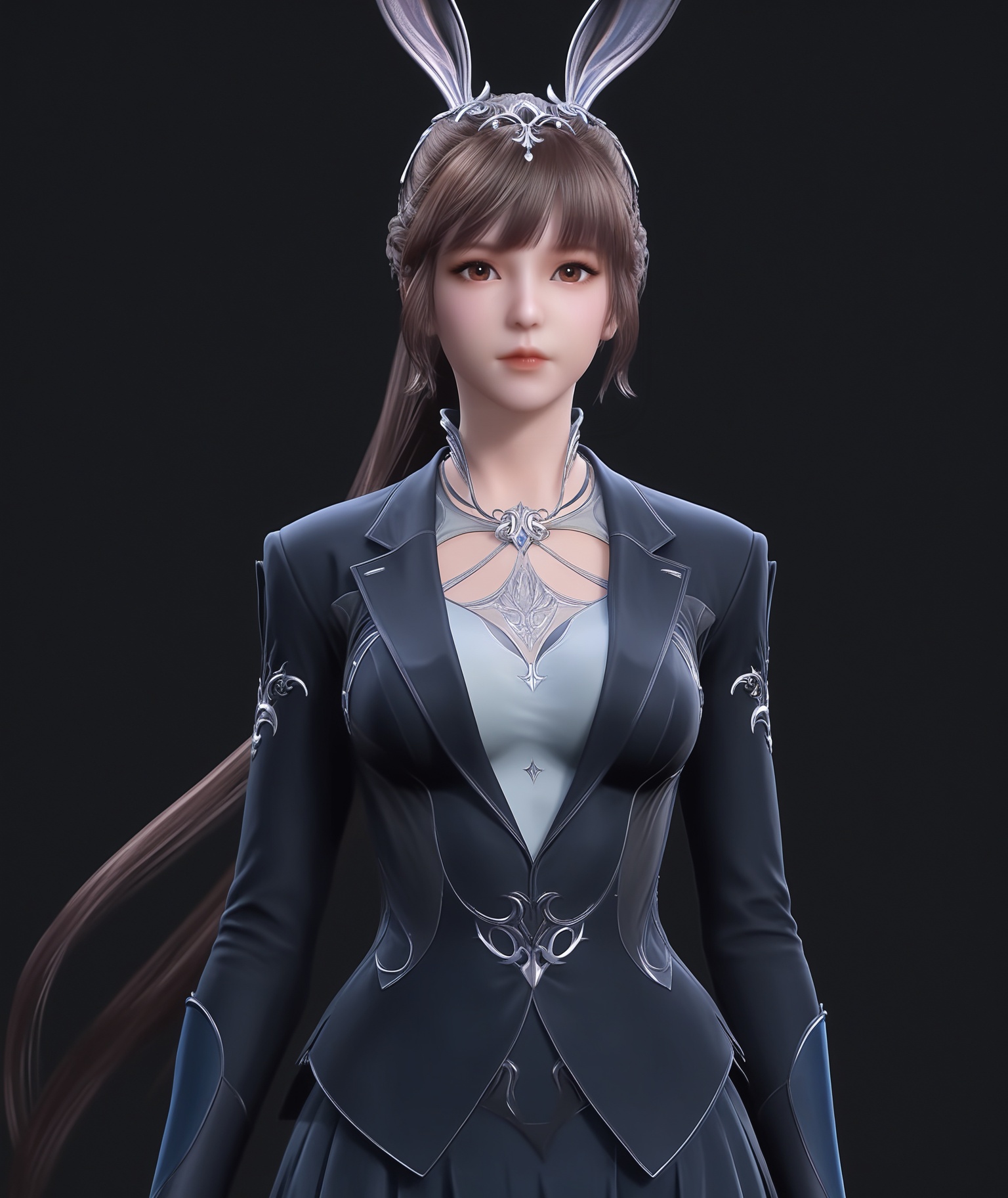 masterpiece,best quality,absurdres,highres,BREAK(glamor:1.1),slender,1girl,solo,<lora:小舞-ill:0.85>,long hair,brown hair,hair ornament,ponytail,bunny ears,brown eyes,braid,suit,white_shirt,blazer,skirt,skirt_suit,looking at viewer,front view,light blush,upper body,BREAKsimple background,black background,depth of field,