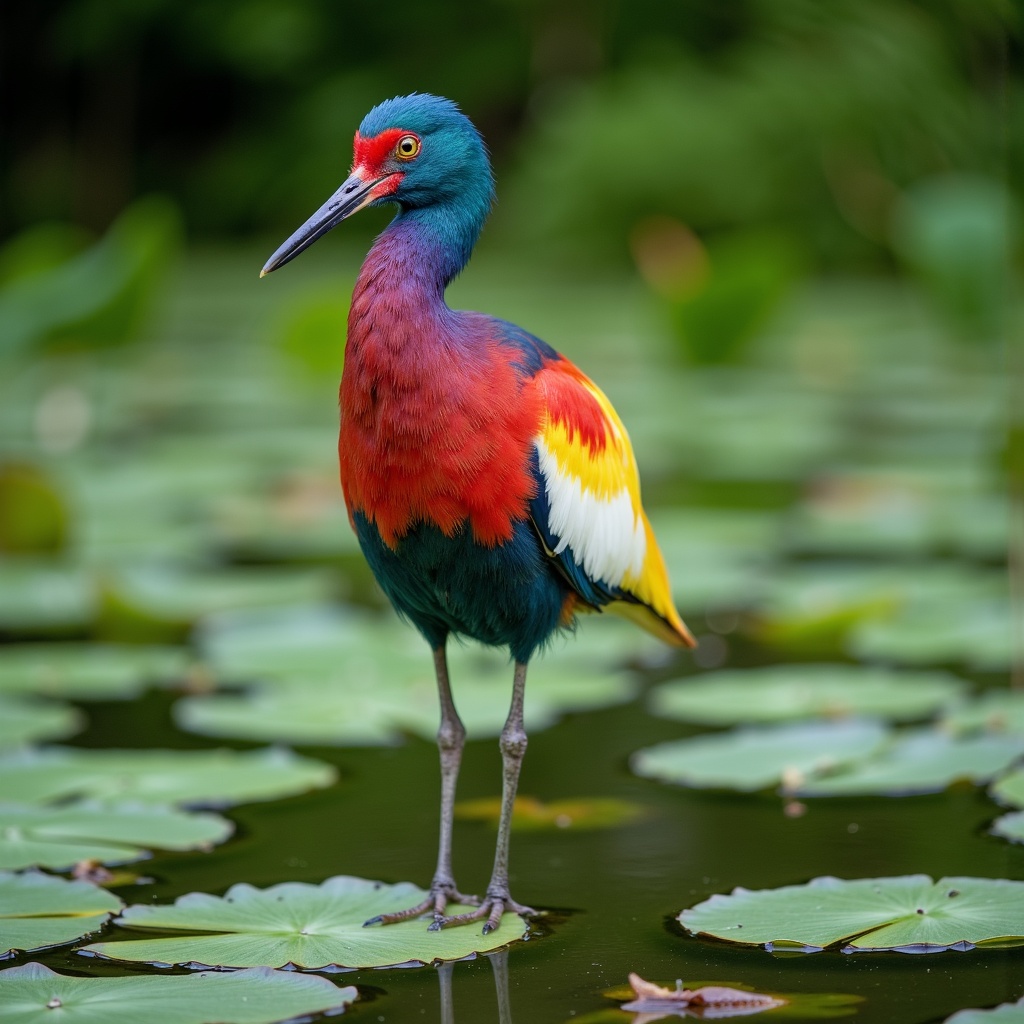 there is a bird that is standing in the water with lily pads,colorful bird with a long,african sybil,wildlife photography canon,with symmetrical head and eyes,wild species photography,on a canva,wearing crown of bright feathers,standing bird,rubbery - looking body,rubbery-looking body,helicopters and tremendous birds,symmetrical head and body,frans lanting,bird legs,young male with walking stick,4 k high - resolution photograph,nature photography 4k,full body photgraph,insects and birds,the most bizarre hybrid animals,bird head,on stilts,long focal length,animal photography,with a yellow beak,standing on a lotus,female full body,expert figure photography,wildlife preservation,male emaciated,short focal length,head and upper body,