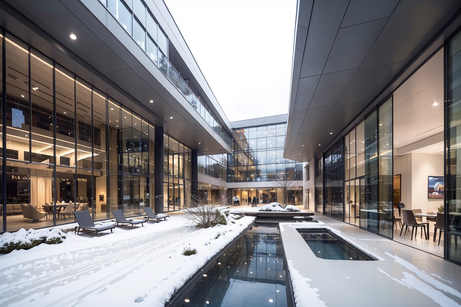 this is a curved building,white concrete,gradient texture,building,outdoors,Transparent glass,snow cover,snowy scenery,tree,sky,water,grass,day,blue sky,reflection,scenery,
