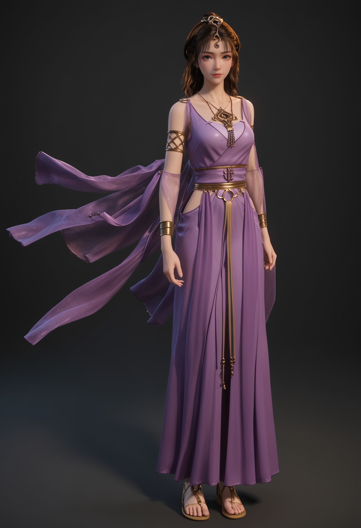 (standing full_body:1.1),score_9,score_8_up,masterpiece,(best quality),intricate details,facing viewer,(looking at viewer:1.1),<lora:YQ_pony_wensiyue_V4:0.8>,q1528437228,1girl,solo,jewelry,blue dress,dress,purple dress,necklace,brown hair,long hair,black hair,hair ornament,bracelet,armlet,brown eyes,sandals,ponytail,sash,black eyes,blue eyes,BREAKscore_9,score_8_up,masterpiece,(best quality),perfect anatomy,(hourglass),perfect face,(simple background,pure black background,black background:1.1),fair_skin,shiny_skin,Ivory_skin,