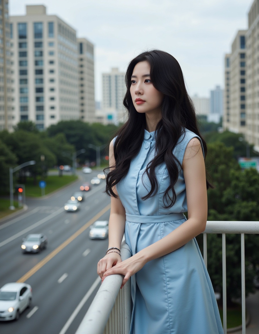 The image shows a young woman standing on a balcony overlooking a city street. She is wearing a light blue dress and has long dark hair. The woman is looking off into the distance with a serious expression on her face. The street below is lined with tall buildings and there are cars driving on the road. The sky is overcast and the overall mood of the image is somber.