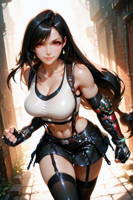 iltifa03, 1girl, tifa lockhart, breasts, solo, long hair, skirt, gloves, navel, thighhighs, crop top, jewelry, earrings, black hair, suspenders, red eyes, red footwear, fingerless gloves, looking at viewer, suspender skirt, elbow gloves, black thighhighs, clenched hands, black skirt, **** top, midriff, large breasts, cleavage, bare shoulders, lips, black gloves, smile, collarbone, taut clothes, very long hair, taut shirt, stomach, garter straps<lora:illustrious Tifa 03-1024x1600:1>, street