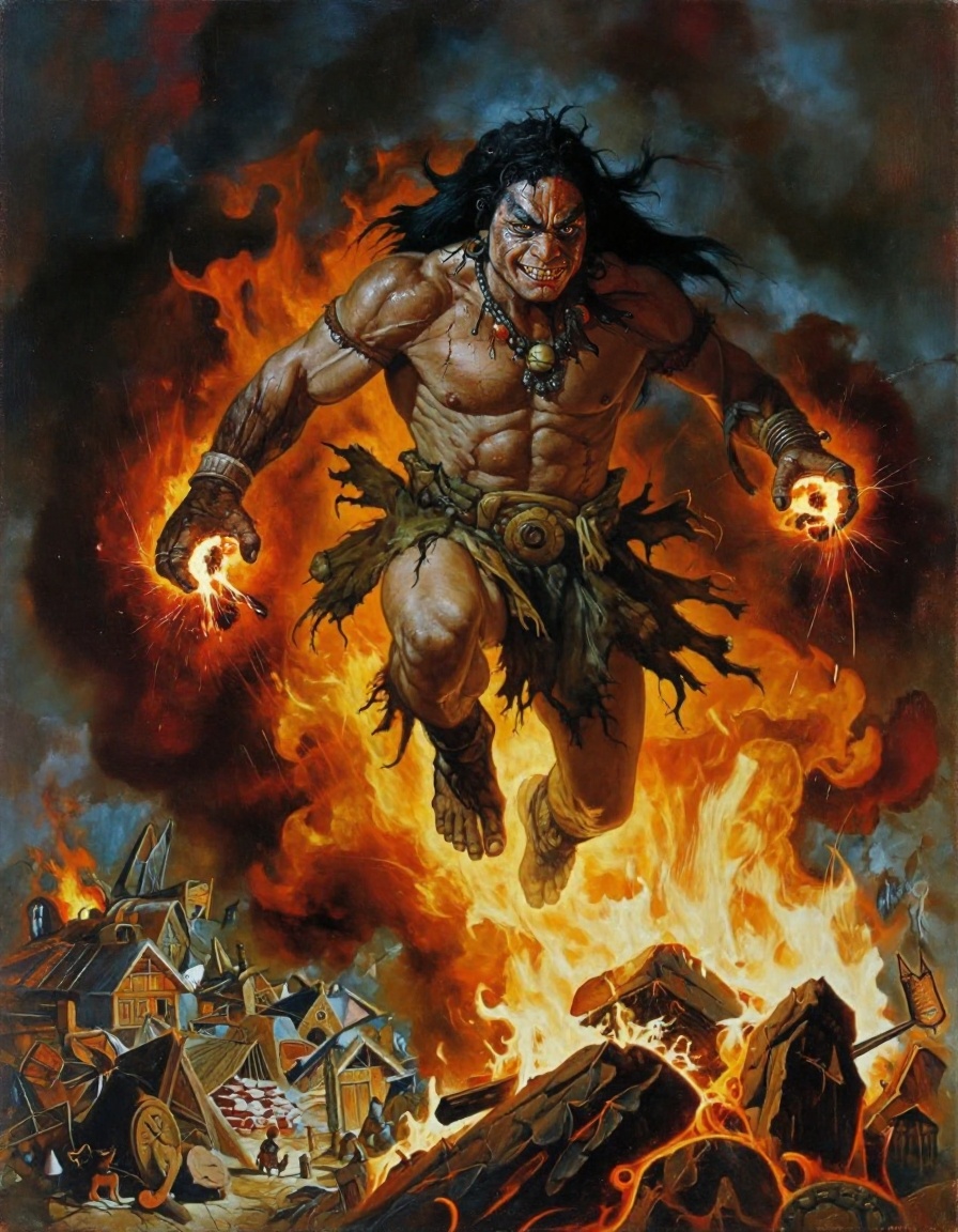 Mid-air,  a heavily muscled salamander shaman leaps from a burning pyre,  flames roaring behind him. Captured in a freeze-...
