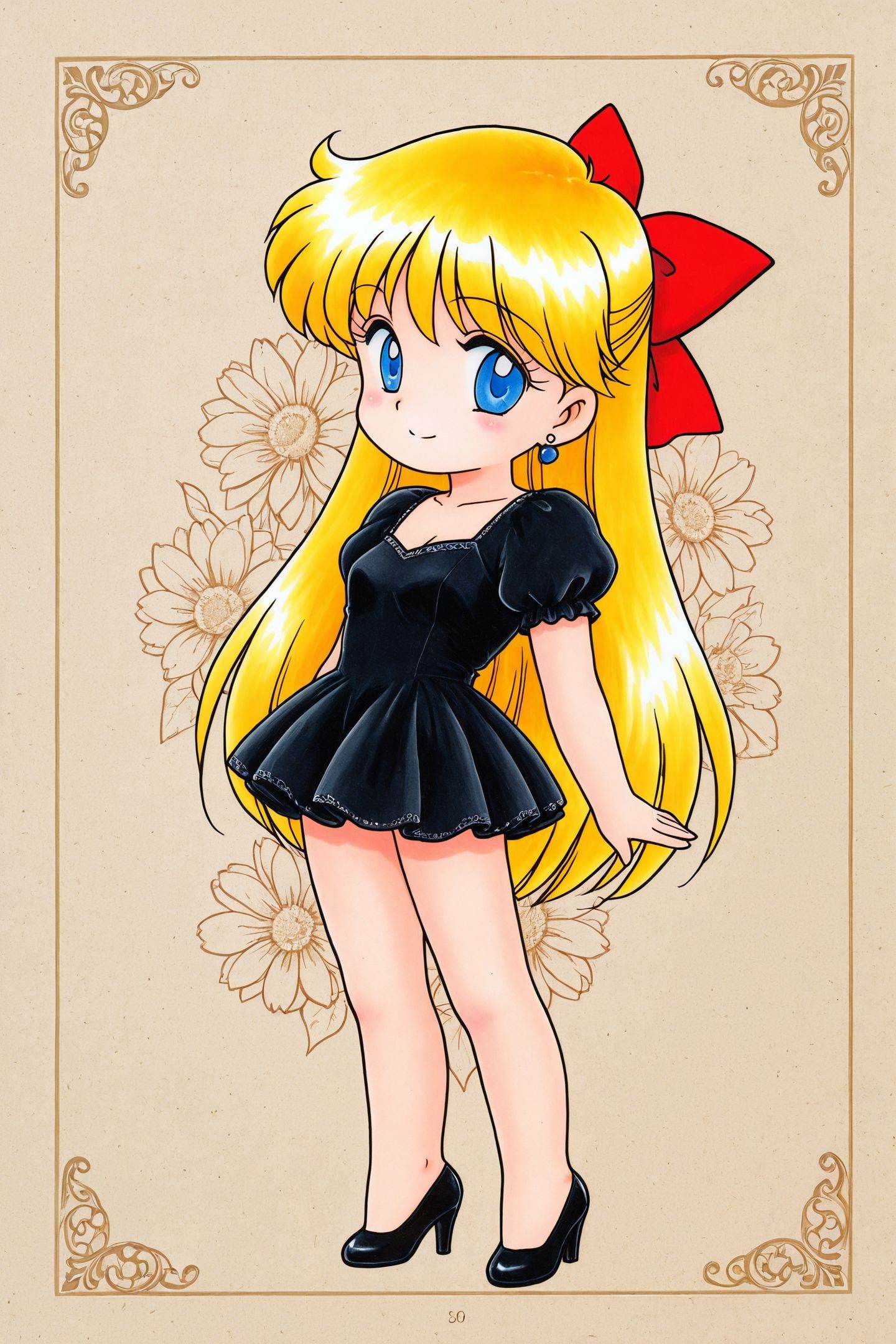 Juu Kuroinu Style,1girl,solo,Aino Minako,flower,blonde hair,long hair,black dress,blue eyes,smile,looking at viewer,earrings,bangs,short dress,puffy short sleeves,traditional media,full body,chibi,high heels,<lora:black dog chibi_illustriousXL:1>,