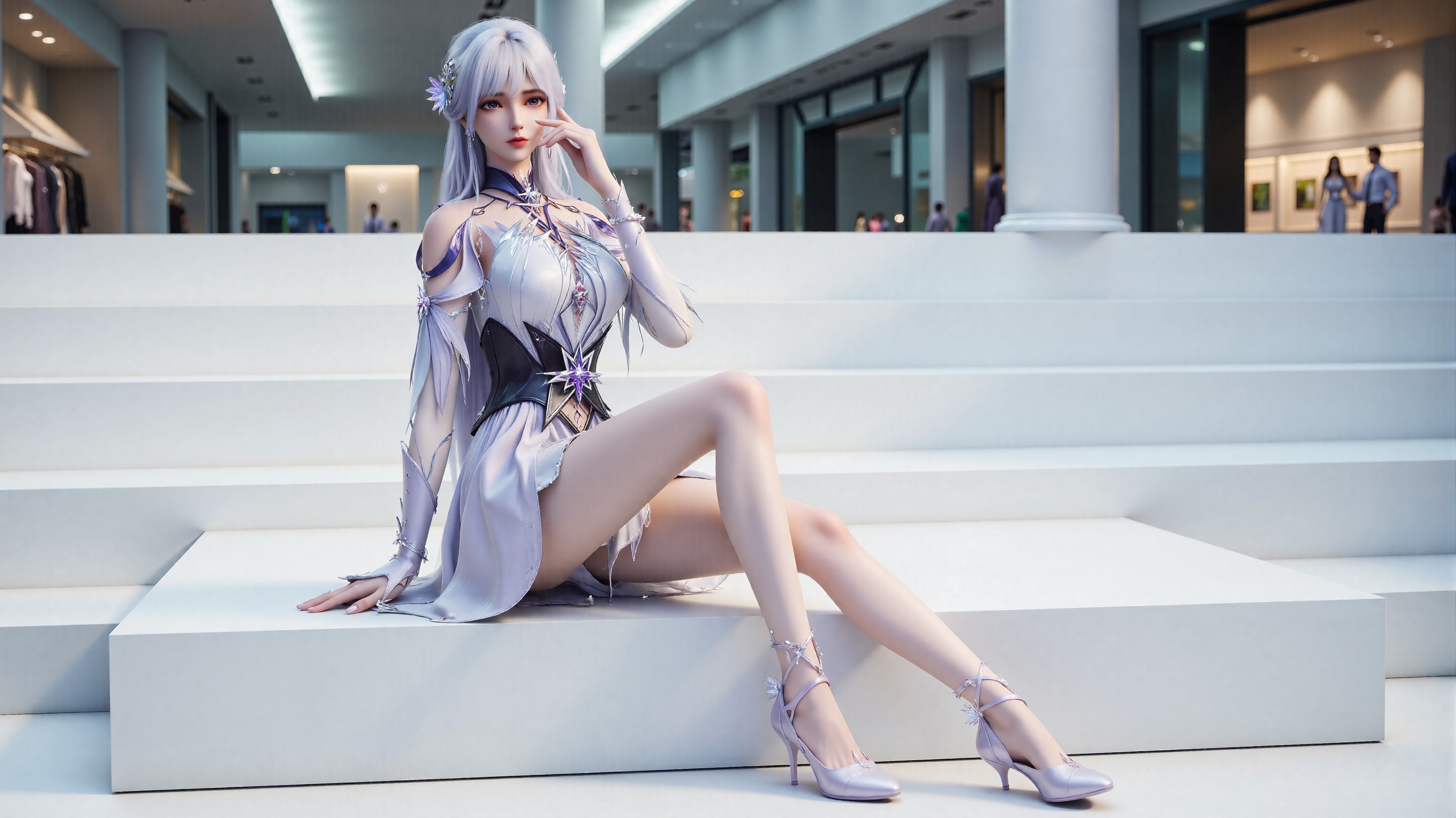 shengcaier,perfect body,scenery,sharp focus,finely detailed beautiful anime eyes,realistic skin,intricate details,Perfect body structure:1.2,front view.,Good structure,wenwen,wenwen,The image depicts a young woman with large breasts sitting on a modern,white,stepped platform in what appears to be a contemporary indoor setting,a shopping mall.,The woman is seated,her right leg resting on the platform and her left leg extended outward. Her right hand is resting on her cheek,and her left arm is bent with her hand resting on her thigh,creating a relaxed yet poised posture. Her two long legs are amazing slender and symmetrical,elegant and alluring,becoming the center of the picture.,The woman has a confident and slightly pensive expression. Her eyes are looking at the viewer,and her lips are closed with a subtle,knowing smile.,The setting is modern and sleek,with a minimalist design. The platform she is sitting on is white and has a smooth,clean surface. Behind her,there is a large glass wall that reflects the interior of the space,adding depth to the image. The lighting is bright and even,typical of a well-lit indoor environment,which highlights the woman and her attire.,heel decorations:1.3,purple heel decorations:1.3,white hairs:1.3,white transparent stockings:1.4,high heels:1.3, purple high heels:1.3,