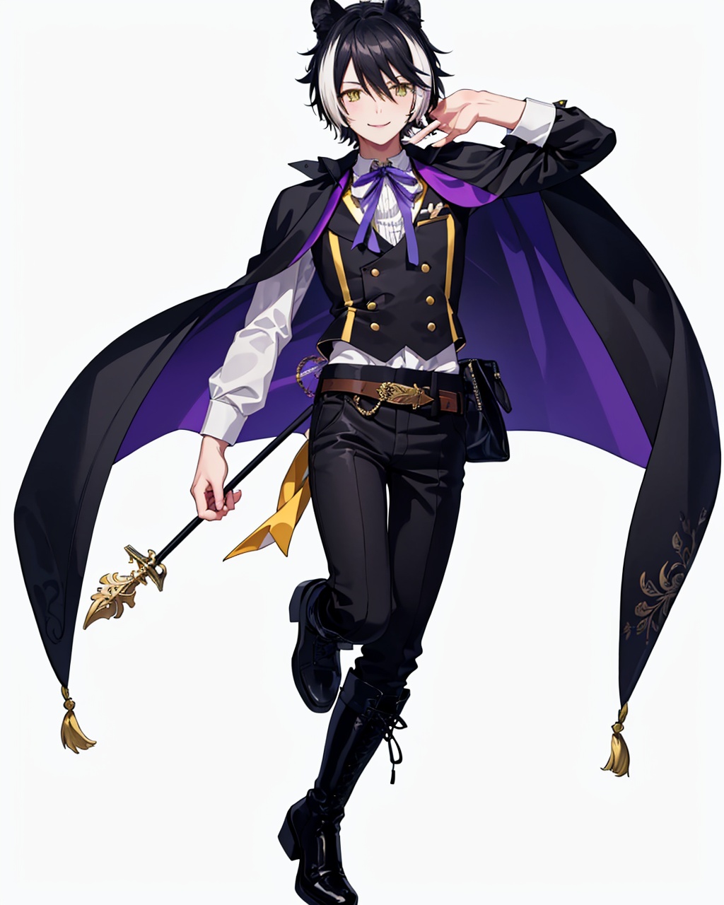 masterpiece,best quality, highly detailed, kageyama shien, male focus, 1boy, solo, virtual youtuber, full body, white background, purple ribbon, white pants, black footwear, looking at viewer, neck ribbon, idol clothes, lace-up boots, collared shirt, smile, tail, simple background, black vest, white shirt, purple bow, double-breasted, knee boots, standing on one leg, white jacket, capelet, waistcoat, leaf, gold trim, sash, dress shirt, alternate costume, official alternate costume, yellow ribbon,<lora:kageyama_shien:1>