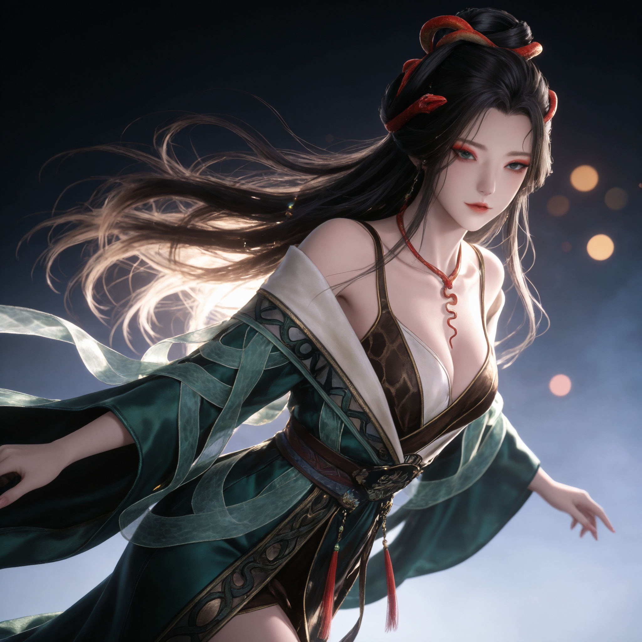 realistic style photo,outstanding style,Use soft lighting to cast gentle shadows on the subject,adding a touch of dimension to your images without compromising details,whirls of vapor,(Anime:1.1),soft neon light,ethereal ambiance,delicate details,magical atmosphere,concept art,highly detailed,ultra-high resolution,32K UHD,sharp focus,best-quality,masterpiece,golden hour,unconventional supreme masterpiece,masterful details,temperate atmosphere,with a high-end texture,in the style of fashion photography,magazine style,Dynamic Angle,Dynamic posture,magazine style,Dynamic Angle,Dynamic posture,(cowboy_shot:1.2),eye trail,depth of field,cinematic lighting,lens flare,close-up,extreme aesthetic,(wlop:0.6),(honjou raita,lack,rella,wanke:0.5),masterpiece,best quality,good quality,newest,year 2025,very aesthetic,absurdres,Visual impact,A shot with tension,ultra-high resolution,32K UHD,sharp focus,best-quality,masterpiece,Emotionalization,unconventional supreme masterpiece,masterful details,temperate atmosphere,with a high-end texture,in the style of fashion photography,(Visual impact:1.2),giving the poster a dynamic and visually striking appearance, <lora:牧神记-龙娇男IL:0.7> 1girl,solo, long hair, black hair, hair ornament, hair bun,necklace, bare shoulders, chinese clothes, breasts, green dress, off shoulder, sash, bare legs, barefoot,, realistic style,white background,upper body,looking at viewer,dynamic posture,