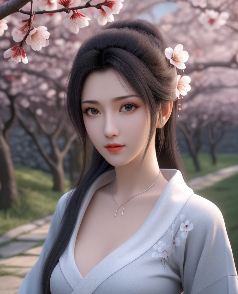 <lora:577-DA-XL-斗破苍穹-云韵-黑服:0.8>(,1girl, ,best quality, ),looking at viewer,  ,ultra detailed background,ultra detailed background,ultra realistic 8k cg,, ,masterpiece, (( , )),, ,   plum blossoms,    ,,  (cleavage), (), ,,