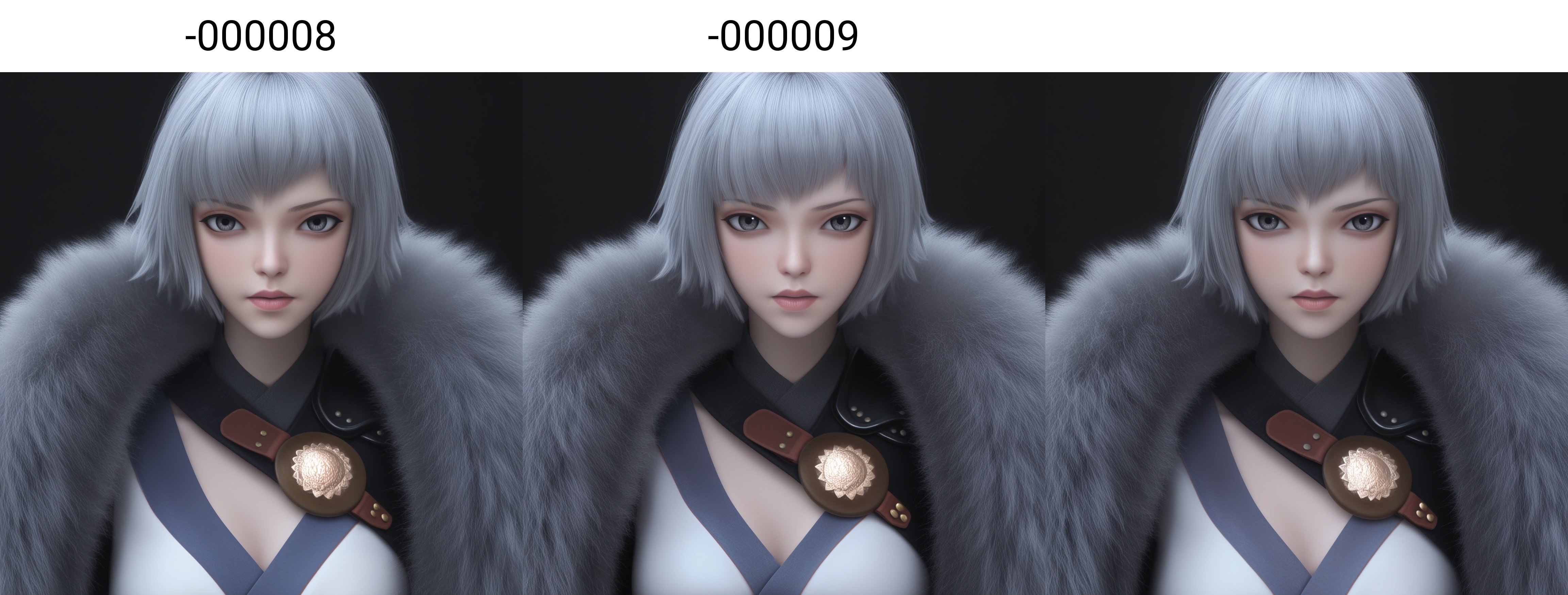 (score_9),masterpiece,best quality,absurdres,highres,(white_skin),(Ivory_skin),light_skin,BREAK<lora:白月魁-ill-000008:0.83>,name\(byk\),1girl,solo,short hair,grey hair,grey eyes,fur trim,single pauldron,cape,BREAKlooking at viewer,front view,fighting stance,face focus,BREAKsimple background,black background,